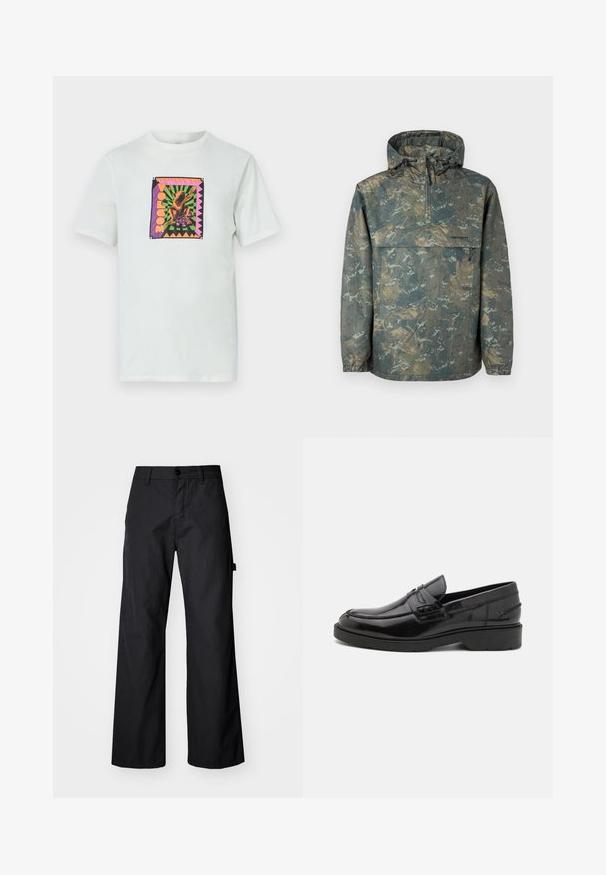Veste légère à imprimé camouflage avec capuche, fermeture éclair à moitié sur le devant, poignets élastiques et cordons de serrage réglables. Fabriquée en matériau résistant à l'eau.; T-shirt en coton blanc présentant un graphique coloré en forme de carré avec un design de grenouille et du texte, sur un fond géométrique avec des bords accentués.; Pantalons larges noirs en tissu durable. Fermeture à bouton et poches latérales. Texture lisse avec un design épuré.; Mocassins en cuir noir avec une finition lisse, un bout rond, un petit talon et descoutures décoratives à l'avant. Semelle en caoutchouc pour l'adhérence.