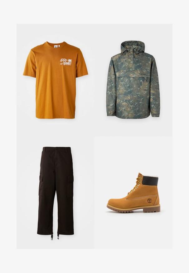 Letvægtsjakke med camouflageprint og hætte, halv lynlås foran, elastiske manchetter og justerbare snore. Fremstillet af vandafvisende materiale.; Brun bomulds t-shirt med rund hals, korte ærmer, med hvid grafisk tekst og bladdesign på forsiden.; Sorte cargo-bukser med en afslappet pasform, der har to sidelommer, en knaplukning og justerbare snore i kanten.; Brune læder ankelstøvle med metaløjer, hvid pelsforing, sort polstret krave, robust sål og præget logo på siden.