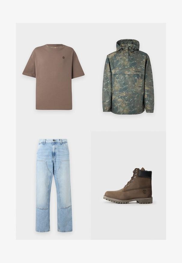 Leichtgewichtige Jacke mit Tarnmuster, Kapuze, halbem Reißverschluss vorne, elastischen Bündchen und verstellbaren Kordeln. Hergestellt aus wasserabweisendem Material.; Braunfarbener Baumwoll-T-Shirt mit Rundhalsausschnitt und kurzen Ärmeln, ausgestattet mit einem kleinen Logo auf der Brust, glatter Textur und lässiger Passform.; Hellblaue Denim-Jeans mit hoher Taille, großen vorderen Pattentaschen, Knopfleiste und geraden, weitem Bein.; Braune Leder-Stiefelette mit schwarzem Kragen, Metallösen und robustem grauen Sohlen. Verfügt über ein Logo an der Seite und genähten Details.