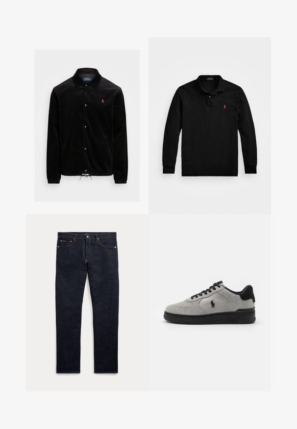 Polo Ralph Lauren CORDUROY COACH'S JACKET - Chaqueta fina - black; Polo negro de manga larga con cuello y dos botones, con un pequeño logo bordado en rojo en el pecho izquierdo.; Vaqueros de mezclilla azul oscuro con cinco bolsillos, cierre de botón y cremallera, y costuras doradas visibles, mostrados planos sobre un fondo claro.; Zapatillas de ante gris con detalles en negro, que cuentan con un panel lateral de tejido texturizado, puntera redonda y suela de goma negra. Logotipo bordado en el lateral.