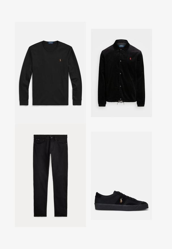 Polo Ralph Lauren CORDUROY COACH'S JACKET - Chaqueta fina - black; Camiseta negra de manga larga hecha de algodón suave, con cuello redondo y un pequeño logo bordado en el pecho con acentos de color.; Vaqueros negros de corte slim con bolsillos delanteros y traseros, trabillas para cinturón y cierre con botón y cremallera, colocados planos sobre un fondo blanco.; Zapatillas negras con parte superior de tela y ante, puntera redondeada, suela de goma plana y logo bordado en el lateral. Diseño de cordones con seis ojales.