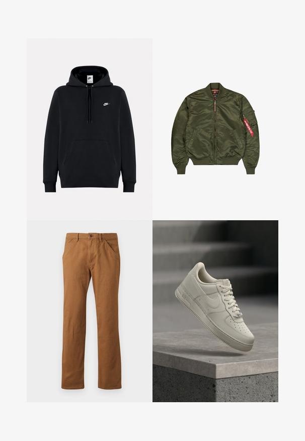 Veste bomber vert olive avec col, poignets et ourlet côtelés, fermeture éclair devant, deux poches latérales et une poche zippée sur la manche avec une étiquette rouge.; Sweat à capuche Nike noir avec poche avant, capuche à cordon et petit logo Nike blanc sur le côté gauche de la poitrine.; Pantalons en coton marron à coupe droite, avec une fermeture à bouton, des poches latérales et une texture lisse. Convient pour une tenue décontractée.; Une basket beige à lacets flotte au-dessus d'une surface en béton gris, le logo Nike visible, arrière-plan d'escalier flou.