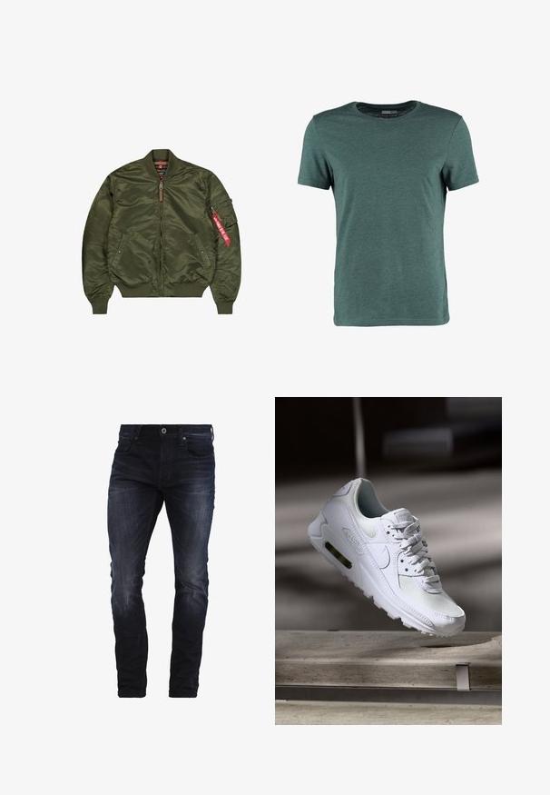 Olivenfarvet bomberjakke med ribbet krave, manchetter, kant, frontlynlås, to sidelommer og lynlåslomme på ærmet med rød mærkat.; Grøn kortærmet t-shirt lavet af bomuld, med rund hals og et enkelt, ensfarvet design uden synlige mønstre eller detaljer.; Mørkeblå slim-fit jeans med let slid på lårene og knæene, med forlommer, bæltestropper og knaplukning.; Hvide Nike Air Max 90 sneakers med en overdel i mesh og læder, perforeret tåboks og en synlig luftenhed i hælen.