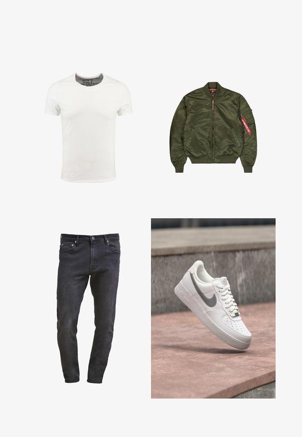 Chaqueta bomber verde oliva con cuello, puños y bajo acanalados, cremallera frontal, dos bolsillos laterales y bolsillo con cremallera en la manga con etiqueta roja.; Camiseta de algodón blanca con cuello redondo y mangas cortas, con un diseño liso y una textura suave. Etiqueta visible en el área del cuello.; Jeans de mezclilla negros de corte slim, con diseño de cinco bolsillos, cierre de cremallera y un sutil acabado de desgaste. Textura suave con un acabado de lavado oscuro.; Zapatilla blanca Nike Air Force 1 con logo swoosh gris flotando sobre una superficie de piedra y un fondo de pared de piedra gris.