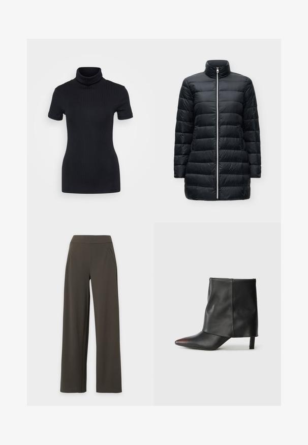 Sort quiltet lang vatjakke med høj krave, frontlynlås og sidelommer på en ensfarvet lys baggrund.; Sorte ribbede turtleneck top, korte ærmer, tætsiddende design, blød tekstur, minimale sømme og en høj krave.; Mørkegrønne bukser med vide ben, høj talje og sidelommer på en lysegrå baggrund.; Sort ankelstøvle lavet af glat læder med spids tå og tilspidset hæl. Overdelen har et let rynket design.