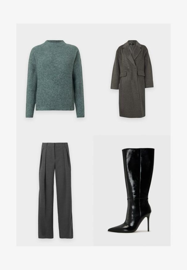Manteau en laine croisé de couleur gris foncé, doté de grands boutons, de poches latérales et d'un revers cranté. Coupe ample avec des manches longues.; Pull en maille côtelée verte avec un col montant et des manches longues. Texture douce, coupe décontractée, et variations subtiles de teintes sur l'ensemble.; Pantalons gris ajustés avec une coupe large, un devant plissé et un tissu texturé, présentant une finition soignée et sans matériel visible.; Bottes noires en cuir, hautes jusqu'au genou, avec un bout pointu et un talon aiguille haut. Texture lisse et design épuré, avec un minimum de détails.