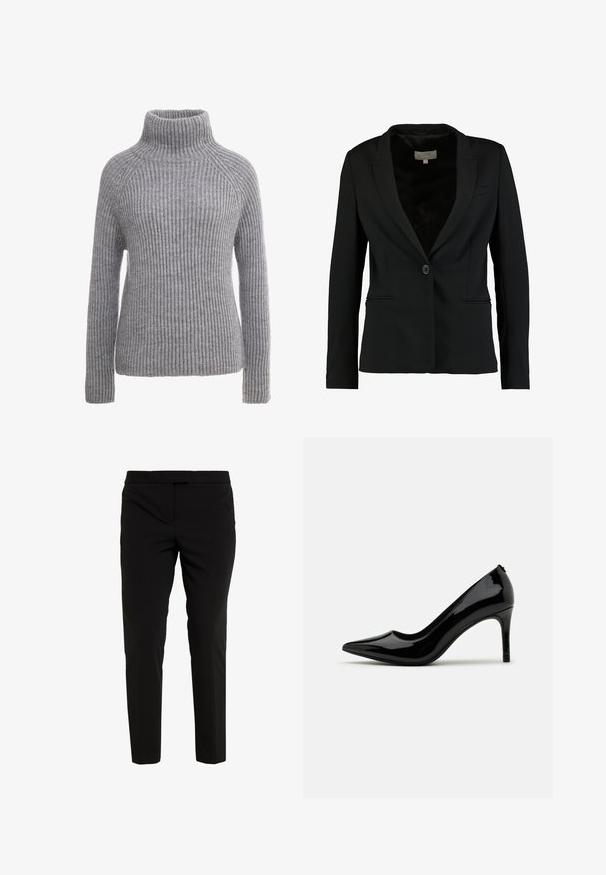 Blazer negro de tela suave, con cierre de un solo botón, solapas de muesca y dos bolsillos frontales, con un ajuste entallado.; Suéter gris de punto con un alto cuello de tortuga, textura acanalada y mangas largas. Presenta costuras raglán y una silueta ajustada.; Pantalones negros ajustados, fabricados con una tela suave, que presentan un frente plano, bolsillos laterales y una silueta limpia. Sin cierres visibles.; Zapato de tacón alto de charol negro con punta afilada y silueta esbelta, con una textura suave y un diseño minimalista.