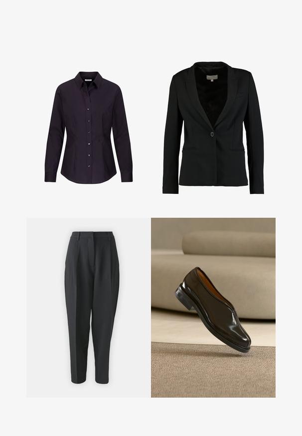 Sort blazer lavet af glat stof, med en enkelt knaplukning, slidser, og to frontlommer samt en skræddersyet pasform.; Sort, langærmet, figursyet dame skjorte med knapper, krave og sømdetaljer på siderne, vist på hvid baggrund.; Sorte skræddersyede bukser med høj talje, plisseringer og indsnævret ben. Glat stof uden synlige mønstre eller udsmykninger.; Sort læder slip-on selskabssko, der svæver over beige tæppe med en buet beige sofa i baggrunden.