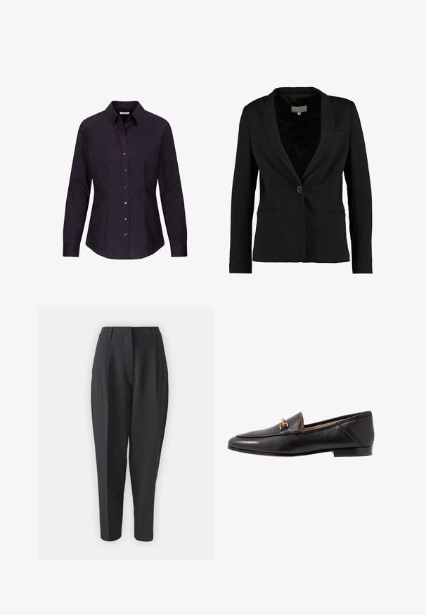 Zwarte blazer van gladde stof, met een enkele knoopsluiting, notch-kraag en twee voorzakken met een getailleerde pasvorm.; Zwarte damesblouse met lange mouwen, aangesloten pasvorm, knoopsluiting, kraag en naaddetails aan de zijkanten, getoond op een witte achtergrond.; Zwarte op maat gemaakte broek met een hoge taille, plooien en taps toelopende pijpen. Gladde stof zonder zichtbare patronen of versieringen.; Zwarte leren instapper met een platte hak, spitse neus en een gouden accent aan de voorkant. Glad textuur met minimale stikdetails.