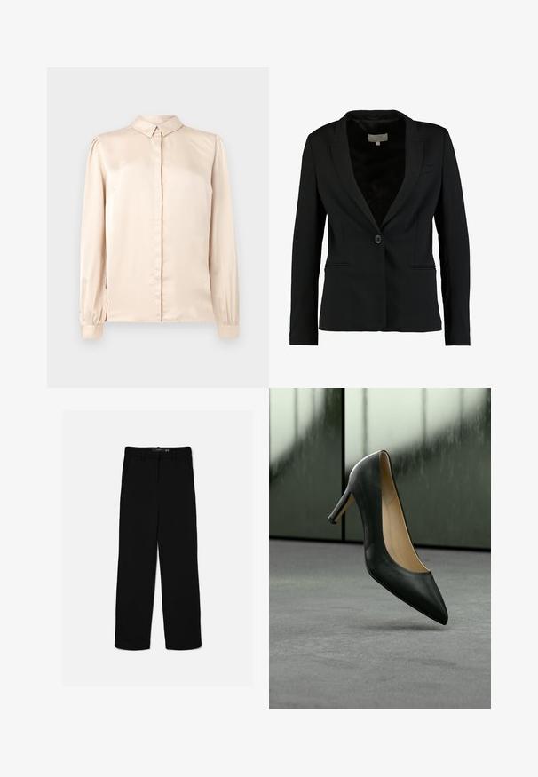 Blazer negro de tela suave, con cierre de un solo botón, solapas de muesca y dos bolsillos frontales, con un ajuste entallado.; Camisa de satén beige de manga larga con cuello abotonado, pliegue frontal y mangas abullonadas recogidas en los puños. Textura suave y brillante.; Pantalones negros de corte recto con trabillas, cremallera frontal y bolsillos laterales, colocados planos sobre un fondo claro.; Zapato de tacón alto de cuero negro con punta afilada que levita sobre un suelo alfombrado gris frente a paneles de vidrio esmerilado.