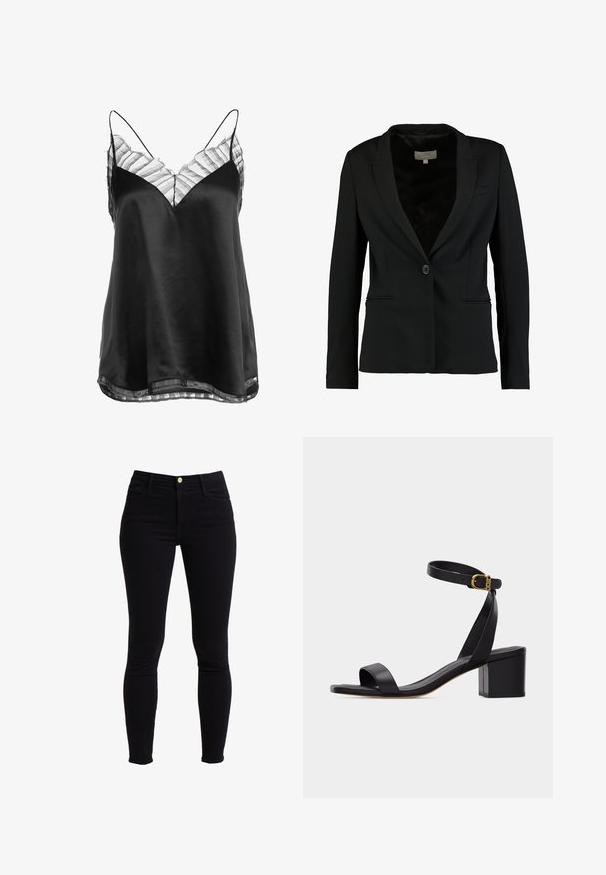 Blazer noir en tissu lisse, doté d'une fermeture à un bouton, de revers crantés et de deux poches avant, avec une coupe ajustée.; Camisole en satin noir avec un décolleté en V et une bordure en dentelle rayée transparente le long du col et de l'ourlet, avec de fines bretelles ajustables.; Jean skinny noir taille haute en denim, avec une fermeture à bouton sur le devant, cinq poches et des coutures minimales.; Sandale noire à bout ouvert avec talon bloc et bride à la cheville ornée d'une petite boucle en or, vue de côté sur un fond uni.