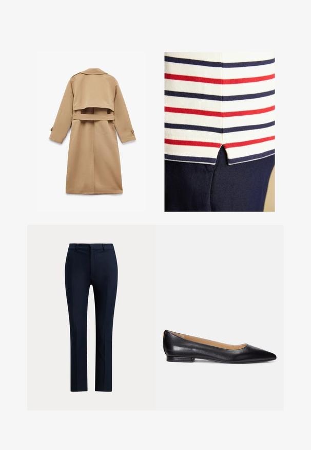 Abrigo trench de color marrón claro con un diseño corto, mangas largas y una cintura ceñida con cinturón. Presenta un cuello clásico y puños abotonados. Textura suave.; Primer plano de una tela blanca con rayas horizontales rojas y azul marino que se encuentran con una tela azul marino en una pequeña abertura lateral.; Pantalones rectos a medida de color azul marino oscuro con trabillas para cinturón y cierre delantero con cremallera sobre fondo blanco.; Bailarinas de cuero negro con punta afilada, tacón bajo y un acento dorado en el tacón. Textura suave con una silueta clásica.