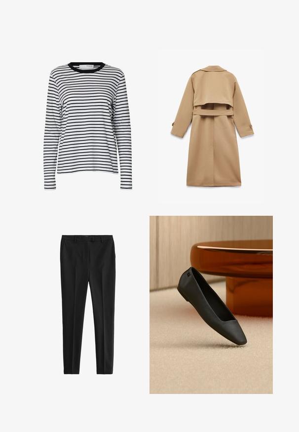 Tan trenchcoat med en kortet design, lange ærmer og en bæltemidje. Har en klassisk krave og knapmanchetter. Glat tekstur.; Hvid langærmet skjorte med sorte vandrette striber og en sort rund hals, vist på en ensartet hvid baggrund.; Sorte bukser lavet af glat stof, med skræddersyet pasform, frontfolder og bæltestropper, samt sidelommer og baglommer.; Sort spids flad sko, der hviler på en beige tæppe nær et rundt ravfarvet bord i en minimalistisk rumindretning.