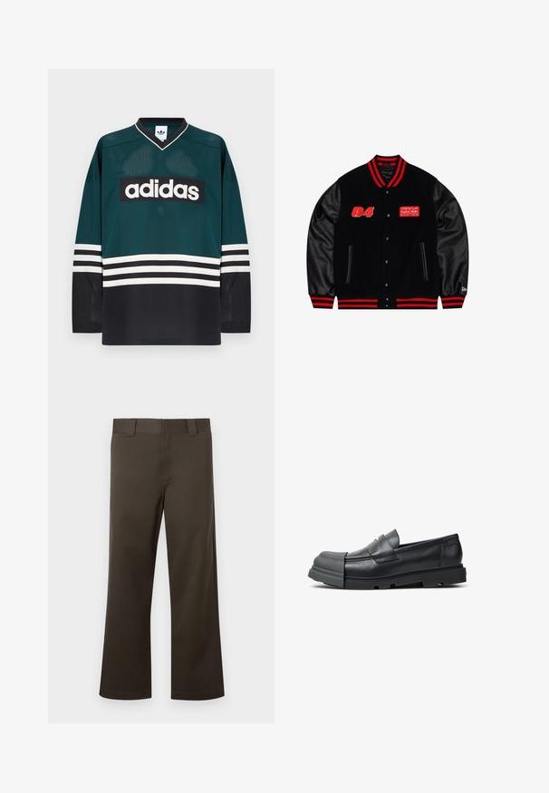 Zwarte varsityjas met rood-zwart gestreepte, geribbelde kraag en manchetten. Voorzien van leren mouwen, geborduurd logo en drukknoopsluiting.; Groen-zwart Adidas-shirt met een V-hals, lange mouwen, een mesh textuur en een opvallend wit logo over de borst met gestreepte accenten.; Bruine broek met rechte pijpen, gemaakt van stevig stof, met een vlakke voorkant, riemlussen en een eenvoudige zoom. Geen zichtbare patronen of hardware.; Zwarte leren loafer met dikke rubberen zool en verlengd rubberen neuskapje dat het voorste deel van de schoen bedekt.