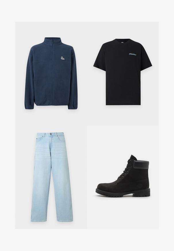 Marineblauwe fleecejas met volledige ritssluiting, hoge kraag, twee steekzakken aan de voorkant, klein wit sneakerslogo op de linkerborst en subtiel reliëflogo op de linkermouw.; Zwart T-shirt met korte mouwen en ronde hals, met een klein, kleurrijk "Dickies"-logo op de linkerborst tegen een effen achtergrond.; Lichtblauwe denim jeans met een hoge taille, wijde pijpen, subtiele vervaging, vijf zakken en knoopsluiting, met een rechte snit en zoom.; Zwarte enkellaars met vetersluiting, voorzien van een gevoerde kraag en een robuuste zool, weergegeven in profiel tegen een witte achtergrond.
