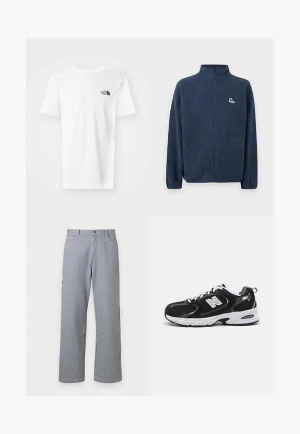Marineblauwe fleecejas met volledige ritssluiting, hoge kraag, twee steekzakken aan de voorkant, klein wit sneakerslogo op de linkerborst en subtiel reliëflogo op de linkermouw.; Witte t-shirt met korte mouwen, gemaakt van katoen. Heeft een klein zwart logo op de linkerborst. Rechte zoom en ronde hals.; Grijs met witte verticale gestreepte rechte broek met voorzakken en een tailleband met knoopsluiting.; Zwarte en grijze sport schoenen met een bovenwerk van mesh en suede, voorzien van een witte tussenzool, veters en een gedurfde "N"-logo aan de zijkant.