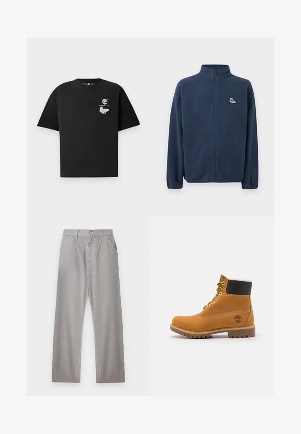 Marineblauwe fleecejas met volledige ritssluiting, hoge kraag, twee steekzakken aan de voorkant, klein wit sneakerslogo op de linkerborst en subtiel reliëflogo op de linkermouw.; Zwarte katoenen T-shirt met korte mouwen, voorzien van een wit logo en grafisch ontwerp op de borst. Eenvoudige, ontspannen pasvorm.; Herenbroek met verticale zwart-witte dunne strepen, vooraan sluiting met knopen, riemlussen en zijzakken.; Bruine leren enkellaars met metalen oogjes, witte faux bont voering, zwarte gewatteerde kraag, robuuste zool en een reliëflogo aan de zijkant.