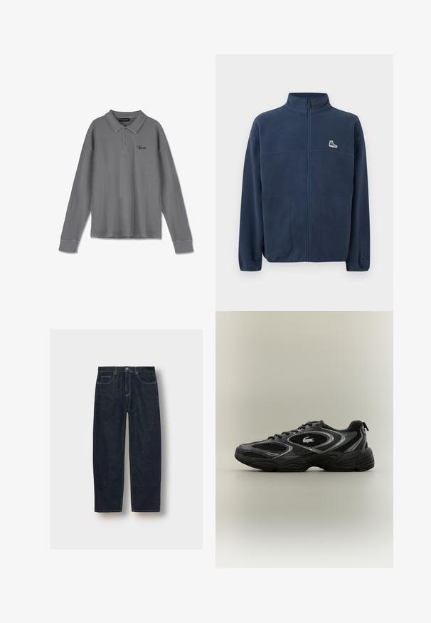 Marineblauwe fleecejas met volledige ritssluiting, hoge kraag, twee steekzakken aan de voorkant, klein wit sneakerslogo op de linkerborst en subtiel reliëflogo op de linkermouw.; Lange mouwen polo in gestreept grijs stof. Heeft een kraag, een knoopsluiting met drie knopen en subtiele zwarte branding op de borst.; Donkerblauwe denim jeans met een losse pasvorm, vijf zakken en contrasterende stiksel. Voorzien van een knoop- en ritssluiting. Gladde textuur.; Zwarte en grijze sport sneaker met meshpanelen, vetersluiting, dikke zool en een klein krokodillologo aan de zijkant.