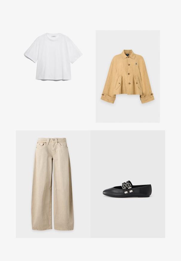 Beige Leinenjacke mit Knöpfen, weiten Ärmeln, zwei Fronttaschen mit Klappen und kleinem dunklem Logo auf der linken Brust.; Weißes Baumwoll-T-Shirt mit kurzen Ärmeln, rundem Ausschnitt, lockerer Passform und ohne sichtbare Muster oder Grafiken. Glatte Textur und einfaches Design.; Beige Jeans mit weitem Bein, fünf Taschen und sichtbaren Nähten an den Knien, flach auf einem schlichten hellgrauen Hintergrund präsentiert.; Schwarzer flacher Lederschuh mit spitzer Spitze und zwei silbernen Schnallenriemen über dem Spann, fotografiert vor neutralem hellem Hintergrund.