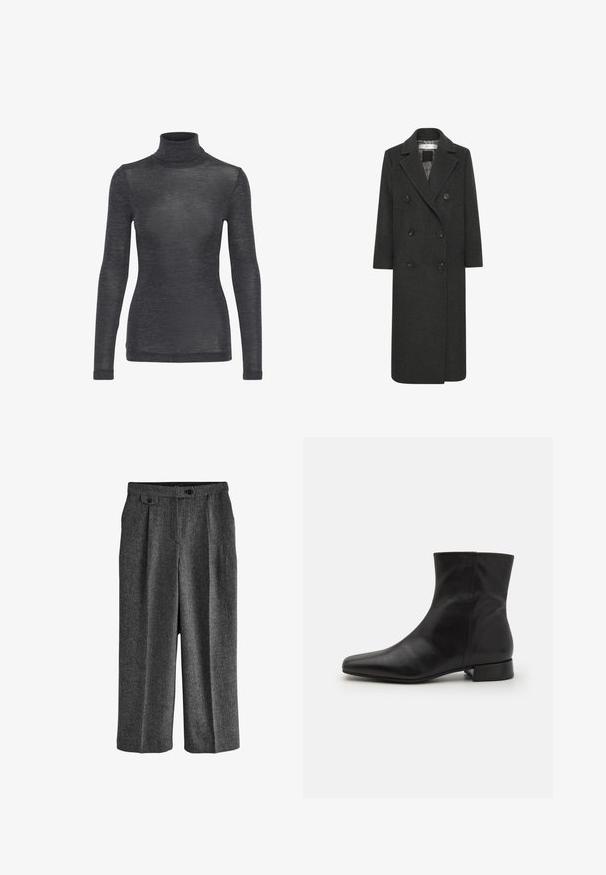 Dubbelzijdige lange jas van donkergrijze wolmix, met een notch-kraag, zes knopen en twee voorzakken. Soepele textuur.; Langharige turtleneck top in donkergrijs, met een zachte textuur en een subtiele glans, in een getailleerde pasvorm.; Hoge taille donkere grijze wijde broek met een textuurstof, knoopsluitingen aan de zijkanten, voorplooien en een knoopsluiting bij de taille.; Zwarte leren enkelboot met een spitse neus, gladde textuur, minimalistisch ontwerp en een lage blokhak. Zijrits gaat tot de enkel.