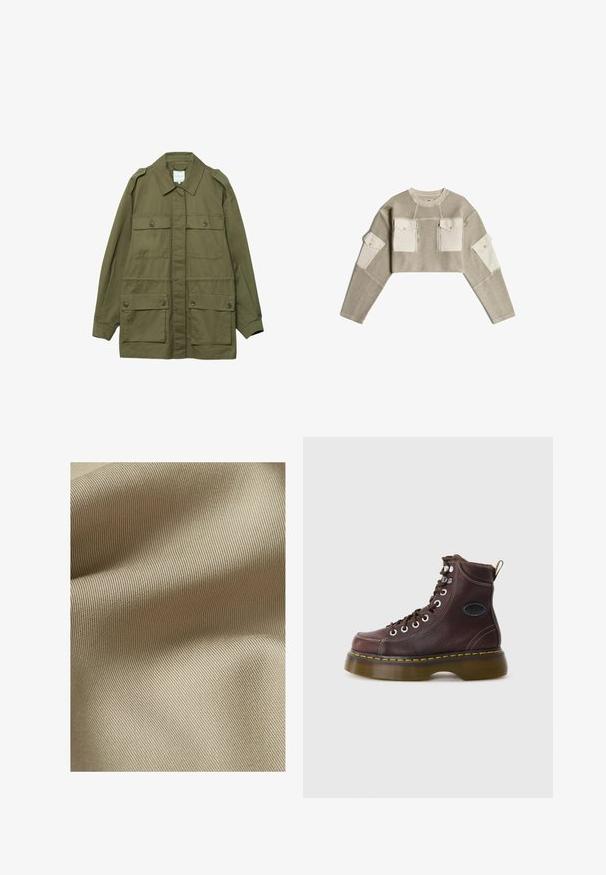 Veste longue à manches longues vert olive avec quatre poches à rabat boutonnées, épaulettes et fermeture avant à boutons.; Pull en maille beige court avec des patchs en tissu crème sur les poches poitrine et le haut des manches, avec des fermetures éclair et des boutons.; Tissu beige texturé avec un motif fin et côtelé. Le matériau semble lisse avec un léger éclat, tombant doucement en plis.; Bottine en cuir marron avec une surface texturée, œillets en argent et couture jaune. Dispose d'une semelle épaisse translucide et d'une languette.