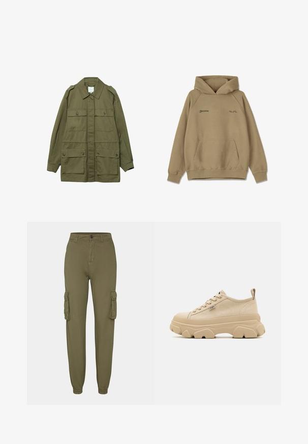 Olivengrøn langærmet jakke med fire lukkede lommer med stolpelåg, skulderstropper og knaplukning foran.; Beige hættebluse i fleece materiale, med en frontlomme, ribbede mansjetter og broderede logoer på brystet.; Olivengrønne cargo bukser lavet af blødt stof, med to sidelommer, elastiske manchetter og lukning med frontknap.; Beige canvas sneakers med tekstureret overdel, tykke chunky såler og snørebåndsdesign. Har en langtagningssløjfe bagpå hælen og en lille logo detalje.