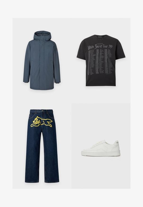 Donkerblauwe waterdichte parka met capuchon, rits aan de voorkant en zijzakken. Voorzien van verstelbare polsen en een gladde textuur.; Zwart T-shirt met ronde hals met de tekst "Infinite Secret Tour '99" en een lange lijst van internationale stadnamen en data in het wit gedrukt op de voorkant.; Donkerblauwe spijkerbroek met een grote gele afbeelding van een springend karakter op de achterzak. Rechte pijpen met standaard stiksels.; Witte leren sneaker met een gladde afwerking, ronde neus, platte veters en een gestructureerde zool. Kenmerkt zich door een subtiel logo op de hiel.