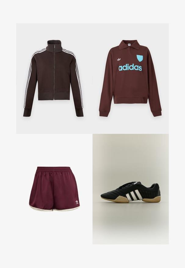 Brun lynlåsjakke med høj krave, der har hvide side striber og ribstrikkede manchetter og kant. Blødt stof med en tætsiddende pasform.; Brun sweatshirt med polo krave, der har en lys blå "adidas" logo og skjolddetalje, lavet af blødt stof med en afslappet pasform.; adidas Originals SPRINTER - Shorts - maroon cream white; Sort atletiksko med hvide striber og beige tekstureret sål på en neutral baggrund, vist i sideprofil.