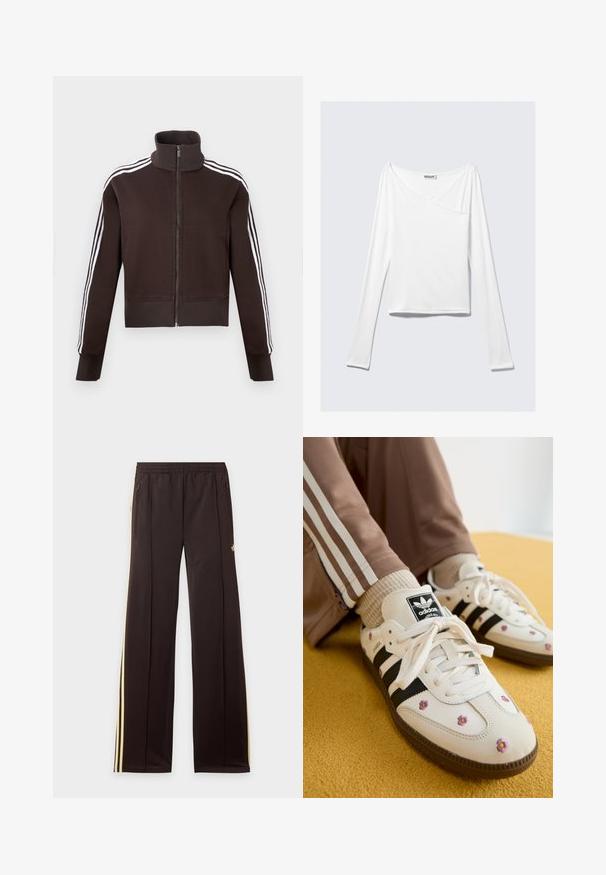 Chaqueta marrón con cremallera y cuello alto, con rayas laterales blancas y puños y dobladillo acanalados. Tejido suave con un diseño ajustado.; Top blanco de manga larga con diseño cruzado y un bolsillo. Fabricado en una tela suave y elástica. Con un corte casual y relajado.; Pantalones de chándal negros con rayas amarillas laterales, cintura elástica, bolsillos laterales con cremallera y un pequeño logo en el muslo superior.; Zapatillas de piel blanca con tres rayas negras y bordado floral en púrpura y amarillo. Suela de goma marrón. Combinadas con calcetines beige con canalé.