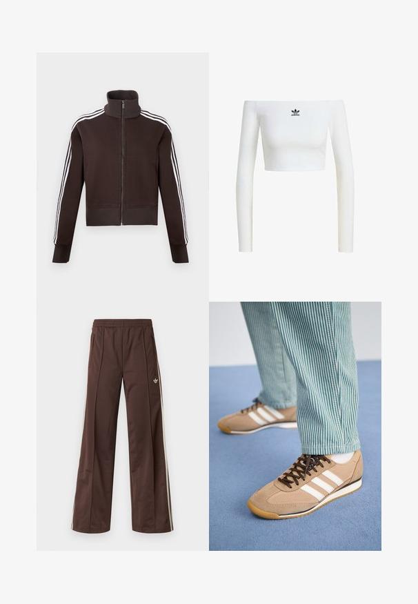 Chaqueta marrón con cremallera y cuello alto, con rayas laterales blancas y puños y dobladillo acanalados. Tejido suave con un diseño ajustado.; Top corto blanco sin hombros en tejido acanalado, con mangas largas y un pequeño logo negro de Adidas en la parte frontal.; Pantalones deportivos marrones con diseño de pierna ancha, franjas laterales blancas, cintura elástica y dos bolsillos laterales. Presentan un pequeño logo en la pierna.; Zapatillas de ante y malla color arena con cordones marrones y tres rayas blancas. Combinadas con pantalones a rayas verdes y blancas, descansando sobre una superficie azul.