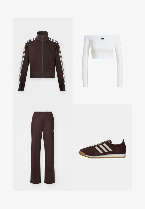 Brun lynlåsjakke med høj krave, der har hvide side striber og ribstrikkede manchetter og kant. Blødt stof med en tætsiddende pasform.; Hvid crop top med off-shoulder i ribbet stof, som har lange ærmer og et lille sort Adidas-logo på fronten.; Brune træningsbukser med elastisk talje, to sidelommer og et lille logo på venstre side, lavet af et blødt stof.; Lavprofil mørk burgunder Adidas sneakers med hvide striber, cremefarvede snørebånd og gummitalje, set fra siden på neutral baggrund.