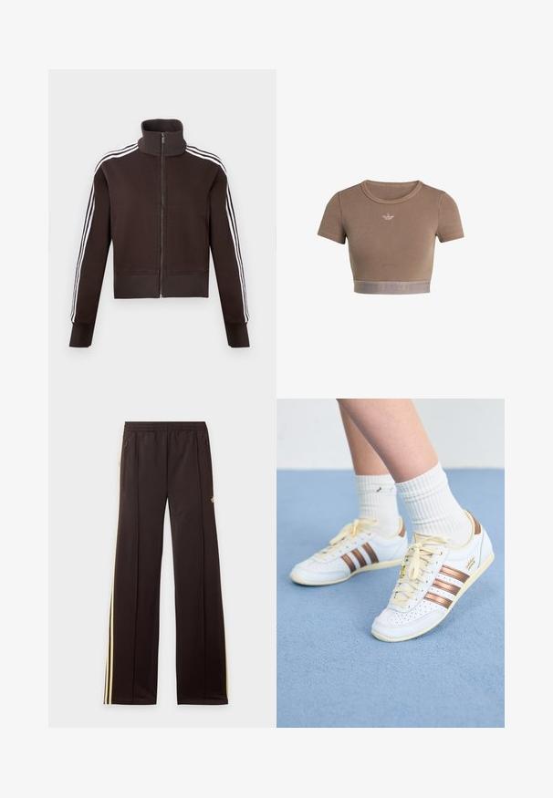 Brun lynlåsjakke med høj krave, der har hvide side striber og ribstrikkede manchetter og kant. Blødt stof med en tætsiddende pasform.; Brun ribstrikket cropped top med korte ærmer, rund halsudskæring og en tekstureret kant forneden med et diskret logo-mønster.; Sorte træningsbukser med gule sidelister, elastisk taljebånd, lynlåslommer i siderne og en lille logo på den øvre lår.; Hvide sneakers med bronze striber, tekstureret læder, gule snørebånd og perforerede detaljer. Båret med hvide ribbede sokker på en blød blå overflade.