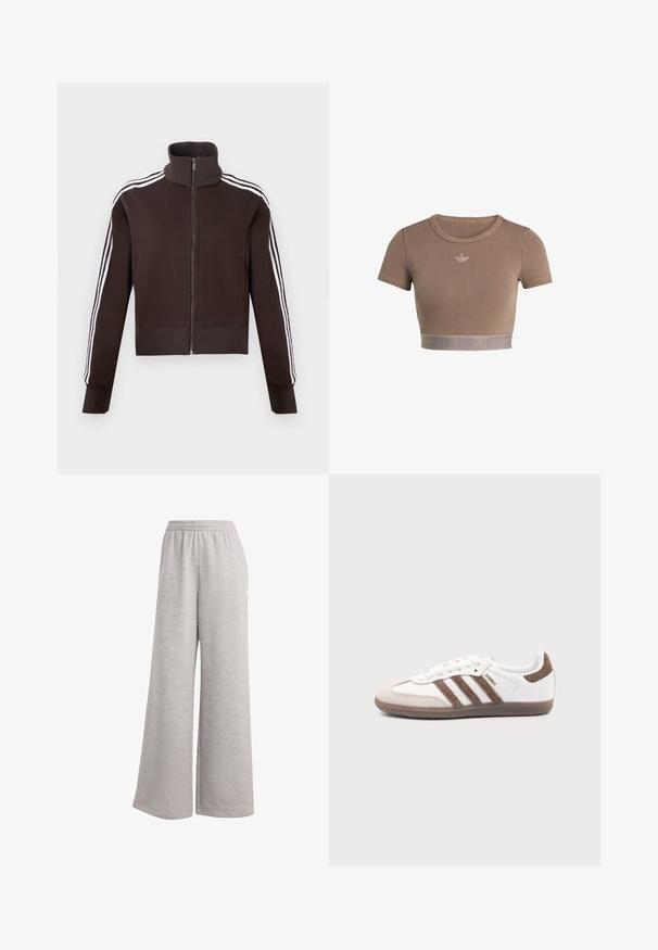 Chaqueta marrón con cremallera y cuello alto, con rayas laterales blancas y puños y dobladillo acanalados. Tejido suave con un diseño ajustado.; Top corto marrón acanalado con mangas cortas, escote redondo y una banda texturizada en la parte inferior que presenta un sutil patrón de logo.; Pantalones de chándal gris claro con un corte holgado, cinturilla elástica y textura suave. Presenta un sutil logo en un lado. Diseño casual.; Zapatilla blanca Adidas Samba con franjas de ante marrón, suela de goma marrón y puntera de ante beige, vista desde el lado exterior sobre un fondo liso.