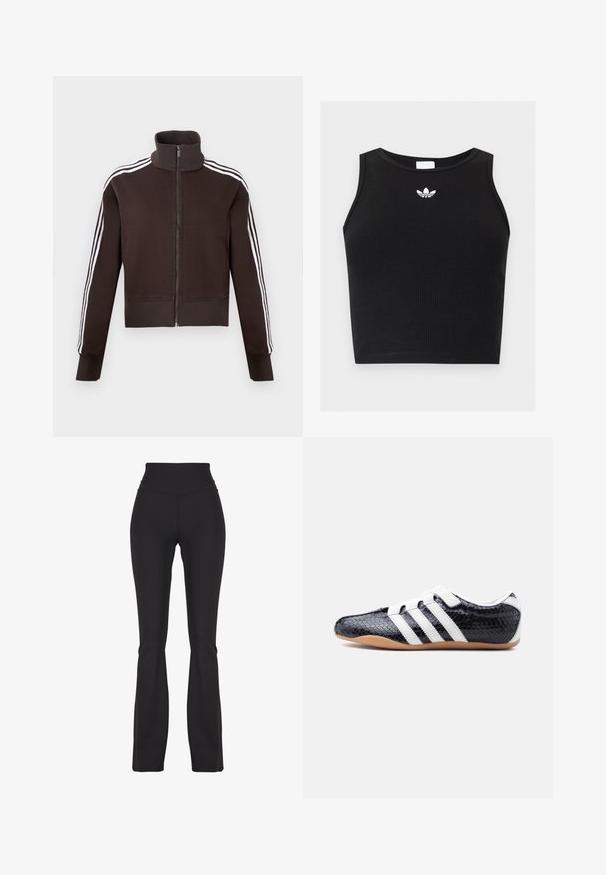 Brun lynlåsjakke med høj krave, der har hvide side striber og ribstrikkede manchetter og kant. Blødt stof med en tætsiddende pasform.; Sort ribbet ærmeløs crop top med rund halsudskæring og lille hvid Adidas trefoil-logo centreret nær kraven.; Sorte flared leggings lavet af strækbart stof, med en høj talje og glat tekstur, designet til komfort og bevægelighed.; Sort sneaker med hvide striber og velcrolukninger, tekstureret overflade og sål i gummigummi, vist fra siden på en hvid baggrund.
