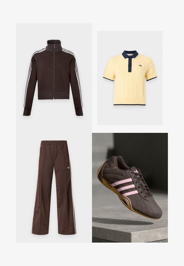 Brun lynlåsjakke med høj krave, der har hvide side striber og ribstrikkede manchetter og kant. Blødt stof med en tætsiddende pasform.; Kortærmet gul strikket polo med navy krave, knaplukning, manchetter, kant nederst og lille broderet logo på brystet.; Brune atletiske bukser med vidde ben, hvide striber på siden, elastisk linning og to sidelommer. Har et lille logo på benet.; Brune ruskind atletik sko med pink striber og logo, med en tekstureret overdel, snørebåndslukning og en gummirubbersål.