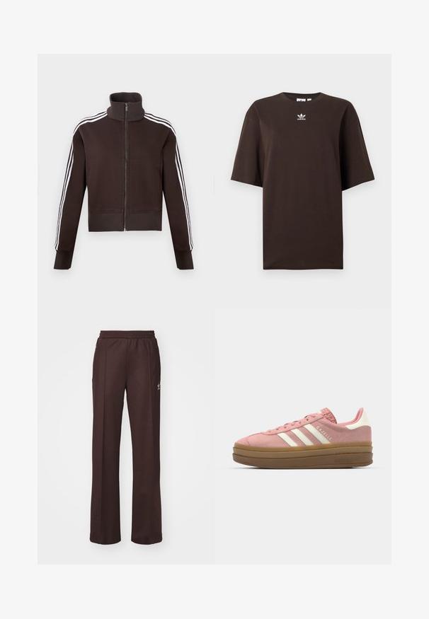 Brun lynlåsjakke med høj krave, der har hvide side striber og ribstrikkede manchetter og kant. Blødt stof med en tætsiddende pasform.; Mørkebrunt oversized Adidas T-shirt med korte ærmer og lille hvid Adidas-logo centreret under halsudskæringen.; Brune træningsbukser med elastisk talje, to sidelommer og et lille logo på venstre side, lavet af et blødt stof.; adidas Originals GAZELLE BOLD - Sneakers - mauve/off white
