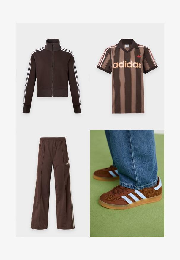Bruine jas met ritssluiting en hoge kraag, voorzien van witte strepen aan de zijkanten en geribbelde boorden aan de mouwen en zoom. Zachte stof met een getailleerd ontwerp.; Bruine gestreepte Adidas polo met V-hals, bordeauxrode kraag en rood logo. Heeft witte en rode schouderstrepen, korte mouwen.; Bruine sportbroek met een wijd uitlopende pijp, witte zijstrepen, een elastische tailleband en twee zijzakken. Heeft een klein logo op het been.; Bruine Adidas sneakers met witte strepen en rubberen zolen, gedragen met blauwe jeans op een groene vloer.