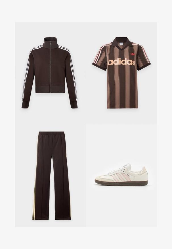 Chaqueta marrón con cremallera y cuello alto, con rayas laterales blancas y puños y dobladillo acanalados. Tejido suave con un diseño ajustado.; Polo Adidas marrón con rayas, cuello en V, cuello burdeos y logo rojo. Presenta rayas blancas y rojas en los hombros, mangas cortas.; Pantalones de chándal negros con rayas amarillas laterales, cintura elástica, bolsillos laterales con cremallera y un pequeño logo en el muslo superior.; Zapatillas deportivas de cuero blanco con rayas de acento rosa, suela de goma marrón y puntera de ante. Presentan cordones y etiqueta de la marca en la lengüeta.