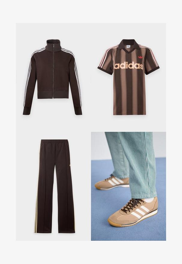 Chaqueta marrón con cremallera y cuello alto, con rayas laterales blancas y puños y dobladillo acanalados. Tejido suave con un diseño ajustado.; Polo Adidas marrón con rayas, cuello en V, cuello burdeos y logo rojo. Presenta rayas blancas y rojas en los hombros, mangas cortas.; Pantalones de chándal negros con rayas amarillas laterales, cintura elástica, bolsillos laterales con cremallera y un pequeño logo en el muslo superior.; Zapatillas de ante y malla color arena con cordones marrones y tres rayas blancas. Combinadas con pantalones a rayas verdes y blancas, descansando sobre una superficie azul.