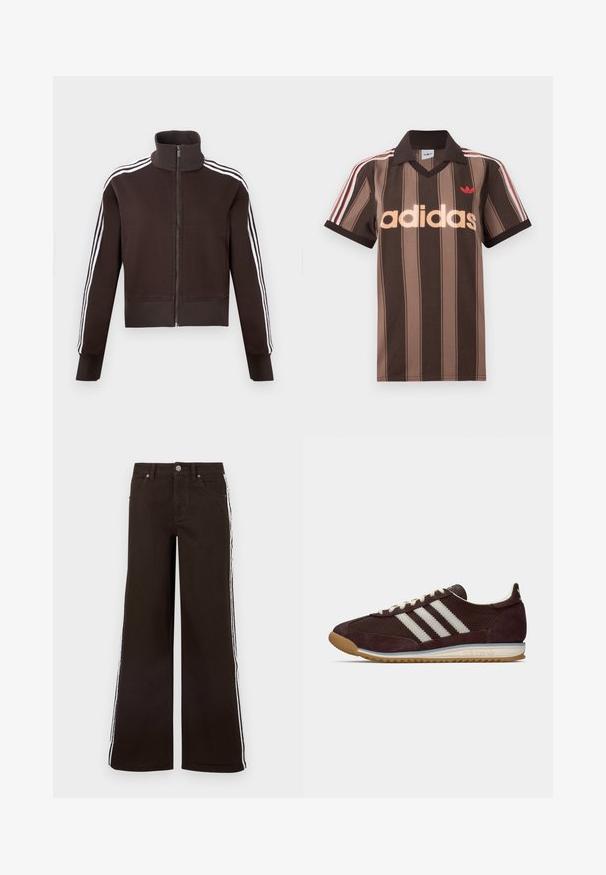 Braune Reißverschlussjacke mit hohem Kragen, weißen Seitenstreifen sowie gerippten Bündchen und Saum. Weicher Stoff mit figurbetontem Schnitt.; Braunes gestreiftes Adidas-Poloshirt mit V-Ausschnitt, bordeauxrotem Kragen und rotem Logo. Mit weißen und roten Schulterstreifen, kurzen Ärmeln.; Braune Jeans mit weitem Bein aus Denim, mit weißen Seitenstreifen, klassischem Fünf-Taschen-Design und Metallknopfverschluss.; Niedrig profilierter dunkelburgunderfarbener Adidas Sneaker mit weißen Streifen, cremfarbenen Schnürsenkeln und Gummisohle, seitliche Ansicht vor einfarbigem Hintergrund.