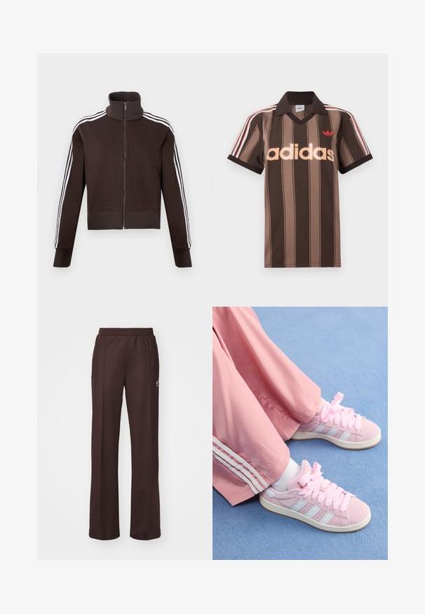Brun lynlåsjakke med høj krave, der har hvide side striber og ribstrikkede manchetter og kant. Blødt stof med en tætsiddende pasform.; Brunstribet Adidas polo-shirt med V-hals, bordeaux krave og rødt logo. Har hvide og røde skulderstriber samt korte ærmer.; Brune træningsbukser med elastisk talje, to sidelommer og et lille logo på venstre side, lavet af et blødt stof.; Lyserøde atletiksko med lyseblå striber, rund tå og tykke lyserøde snørebånd, parret med lyserøde træningsbukser med hvide sidelister.