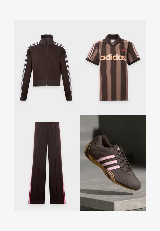 Brun lynlåsjakke med høj krave, der har hvide side striber og ribstrikkede manchetter og kant. Blødt stof med en tætsiddende pasform.; Brunstribet Adidas polo-shirt med V-hals, bordeaux krave og rødt logo. Har hvide og røde skulderstriber samt korte ærmer.; Sorte atletikbukser med lyserøde sidelister, elastisk talje, lynlåslommer og Adidas-logo på venstre lår.; Brune ruskind atletik sko med pink striber og logo, med en tekstureret overdel, snørebåndslukning og en gummirubbersål.
