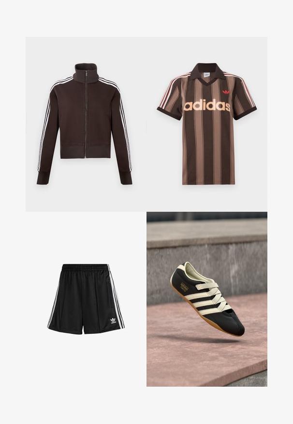 Pruun lukuga jakk kõrgema kraega, millel on valged küljeribad ning soonilised mansetid ja alläär. Pehme materjal ja vormiv lõige.; Pruunide triipudega Adidas polotee, V-kaelusega, bordeau krae ja punase logoga. Omad valge ja punase triibuga õlad ning lühikesed varrukad.; Mustad must sportlühikesed püksid elastse vöökohtaga, valgete küljelintidega ja paremal küljel lukuga taskuga. Adidas logo alumises vasakus nurgas.; Mustad sportjalats kreemjate triipude ja paeltega, madala profiili, siledapinnaline ja kummist tallaga haarduvuse tagamiseks. Brändi silt on nähtav.