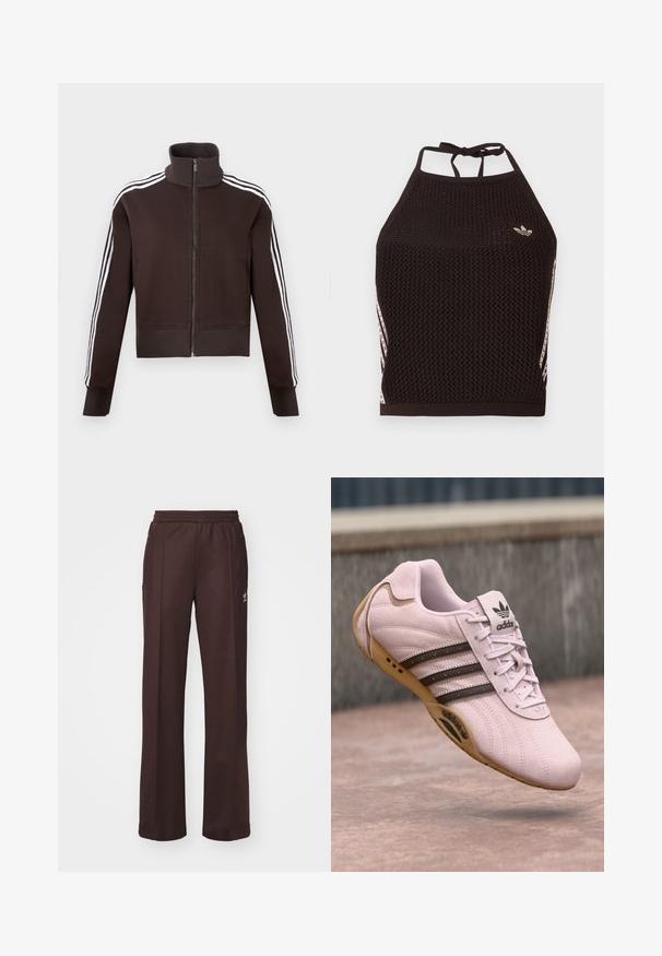 Ruskea vetoketjullinen takki, jossa on korkea kaulus, valkoiset sivuraidat sekä resorireunukset hihoissa ja helmassa. Pehmeä kangas ja istuva malli.; Musta verkkohalkioinen crop-top piikkikuviolla. Siinä on vaaleanpunaiset korosteraita ja pieni logo edessä. Solmittava takaosa.; Ruskeat urheiluhousut, joissa on joustava vyötärö, kaksi sivutaskua ja pieni logo vasemmalla puolella, valmistettu pehmeästä kankaasta.; Vaaleanpunaiset mokkanahkakengät, joissa on kumipohja, kolmet tummat raidat, nauhat ja Adidas-logo kielen päällä. Pyöristetty kärki.