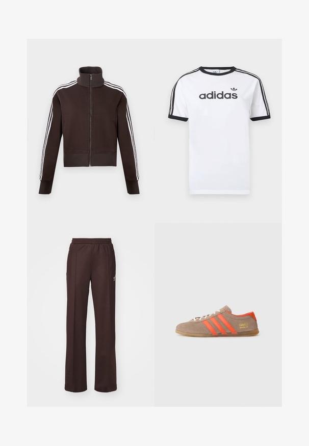 Brun lynlåsjakke med høj krave, der har hvide side striber og ribstrikkede manchetter og kant. Blødt stof med en tætsiddende pasform.; Hvid bomulds-T-shirt med sorte detaljer, har rundt halsudskæring, korte ærmer, tre sorte striber på skuldrene og adidas-logo i sort.; Brune træningsbukser med elastisk talje, to sidelommer og et lille logo på venstre side, lavet af et blødt stof.; Brune ruskinds sneakers med tre klare orange striber, snørebånd foran og gyldent "Gazelle" branding på siden. Flad gummi sål.