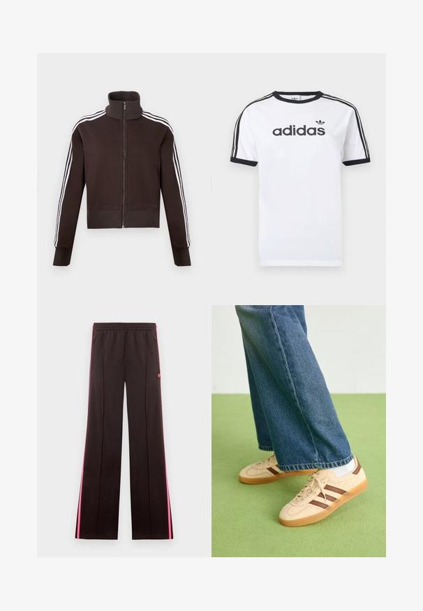 Brun lynlåsjakke med høj krave, der har hvide side striber og ribstrikkede manchetter og kant. Blødt stof med en tætsiddende pasform.; Hvid bomulds-T-shirt med sorte detaljer, har rundt halsudskæring, korte ærmer, tre sorte striber på skuldrene og adidas-logo i sort.; Sorte atletikbukser med lyserøde sidelister, elastisk talje, lynlåslommer og Adidas-logo på venstre lår.; Beige sneakers med teksturerede cremefarvede paneler og brune striber, parret med blå denim jeans. Jeansene har brede ben og en frynset kant.