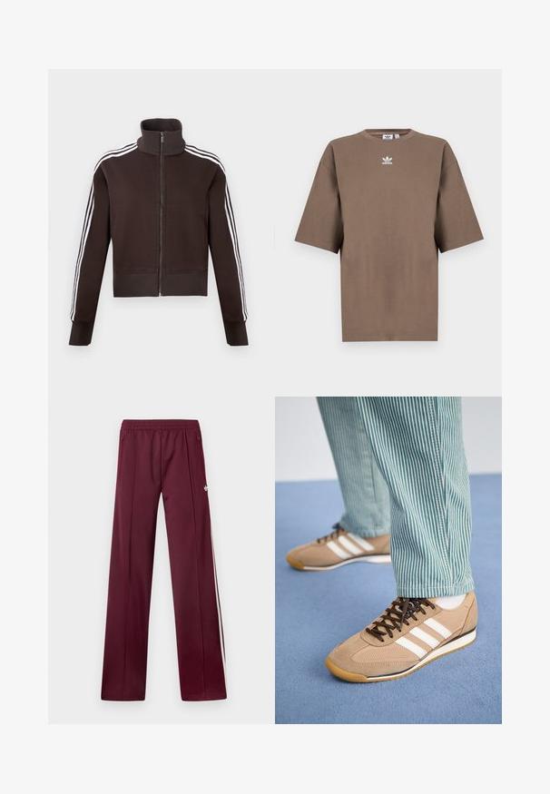 Chaqueta marrón con cremallera y cuello alto, con rayas laterales blancas y puños y dobladillo acanalados. Tejido suave con un diseño ajustado.; Camiseta de algodón marrón con mangas cortas, cuello redondo y logo blanco de Adidas centrado en el pecho, con un diseño liso y un ajuste relajado.; Pantalones deportivos burdeos con cinturilla elástica, bolsillos laterales con cremallera, rayas blancas a los lados y un pequeño logotipo blanco de Adidas en el muslo derecho.; Zapatillas de ante y malla color arena con cordones marrones y tres rayas blancas. Combinadas con pantalones a rayas verdes y blancas, descansando sobre una superficie azul.