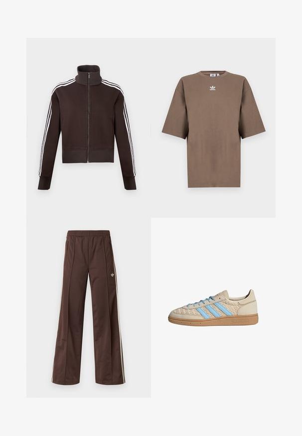 Chaqueta marrón con cremallera y cuello alto, con rayas laterales blancas y puños y dobladillo acanalados. Tejido suave con un diseño ajustado.; Camiseta de algodón marrón con mangas cortas, cuello redondo y logo blanco de Adidas centrado en el pecho, con un diseño liso y un ajuste relajado.; Pantalones deportivos marrones con diseño de pierna ancha, franjas laterales blancas, cintura elástica y dos bolsillos laterales. Presentan un pequeño logo en la pierna.; Zapatilla beige con parte superior de punto texturizado, rayas azul claro y suela de goma marrón. Presenta cordones redondos y detalle de logo en el lateral.