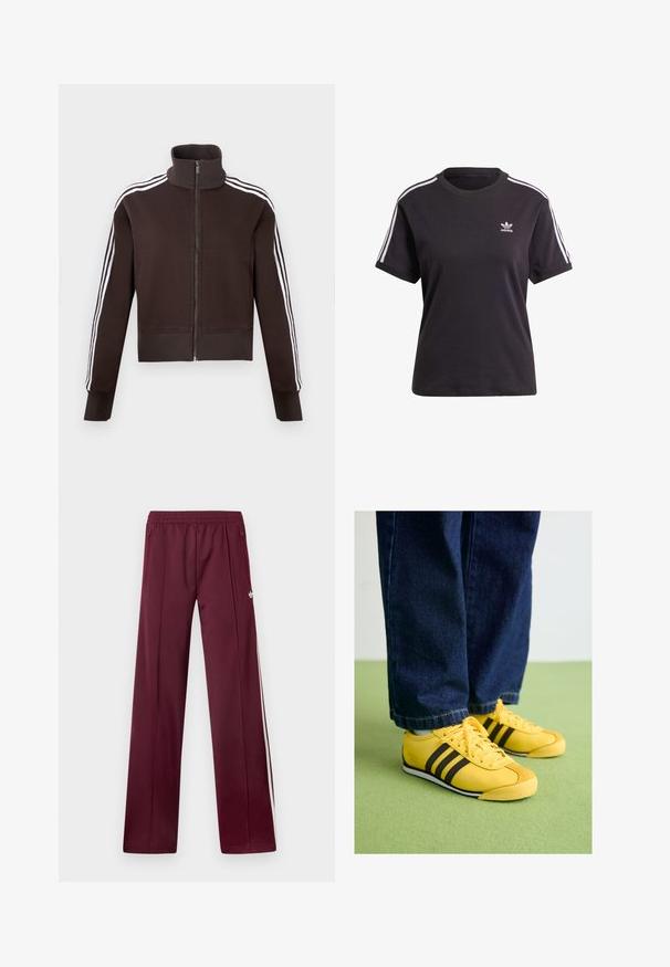 Brun lynlåsjakke med høj krave, der har hvide side striber og ribstrikkede manchetter og kant. Blødt stof med en tætsiddende pasform.; Sort bomulds t-shirt med korte ærmer og rund hals, der har hvide striber på skuldrene og et lille hvidt Adidas-logo på brystet.; Bordeaux løbebukser med elastisk taljebånd, sidelommer med lynlås, hvide sidelommer og et lille hvidt Adidas-logo på højre lår.; Gule lædersneakers med sorte striber, en struktureret tåhætte og hvid sål, parret med mørke denimjeans, på en grøn overflade.