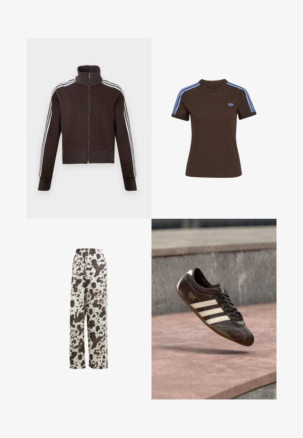 Braune Reißverschlussjacke mit hohem Kragen, weißen Seitenstreifen sowie gerippten Bündchen und Saum. Weicher Stoff mit figurbetontem Schnitt.; Braunes Kurzarm-T-Shirt mit hellblauen drei Streifen auf den Schultern und kleinem hellblauem Adidas-Logo auf der linken Brust.; adidas Originals COW PRINT SATIN WIDE LEG - Jogginghose - multicolor off white; Brauner Ledersneaker mit weißen drei Streifen, strukturierter Oberfläche, Schnürdesign und brauner Gummisohle. Verfügt über ein eingeprägtes Logo an der Seite.